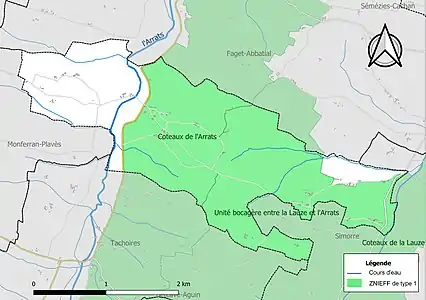 Carte des ZNIEFF de type 1 sur la commune.