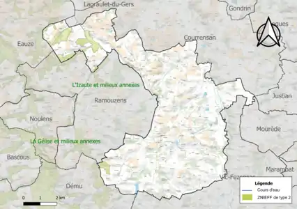 Carte de la ZNIEFF de type 2 sur la commune.