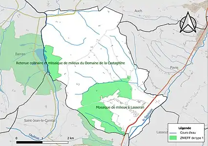 Carte des ZNIEFF de type 1 sur la commune.