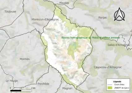 Carte de la ZNIEFF de type 2 sur la commune.