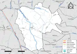 Carte en couleur présentant le réseau hydrographique de la commune