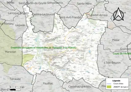 Carte de la ZNIEFF de type 2 sur la commune.