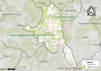 Carte des ZNIEFF de type 2 sur la commune.