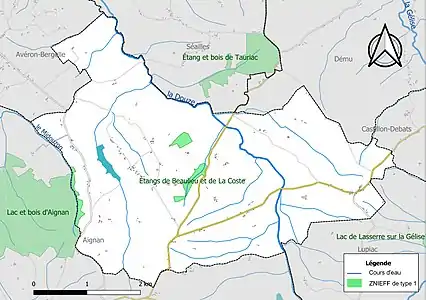 Carte des ZNIEFF de type 1 sur la commune.