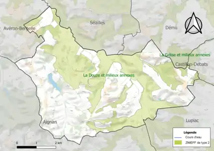 Carte des ZNIEFF de type 2 sur la commune.