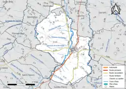 Carte en couleur présentant le réseau hydrographique de la commune