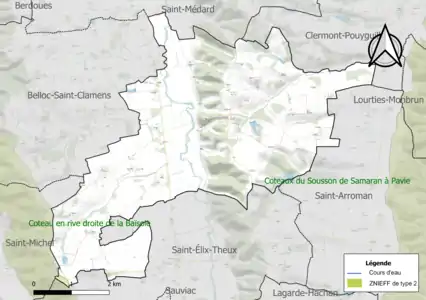 Carte de la ZNIEFF de type 2 sur la commune.