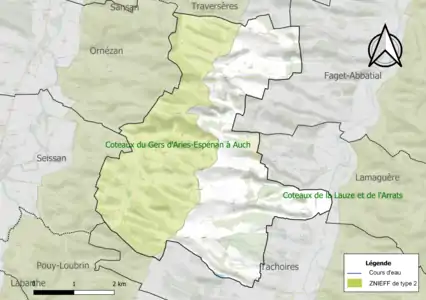 Carte de la ZNIEFF de type 2 sur la commune.