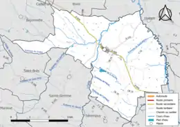 Carte en couleur présentant le réseau hydrographique de la commune