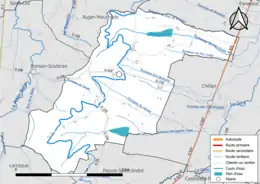 Carte en couleur présentant le réseau hydrographique de la commune