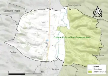 Carte de la ZNIEFF de type 2 sur la commune.