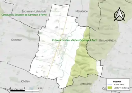 Carte de la ZNIEFF de type 2 sur la commune.