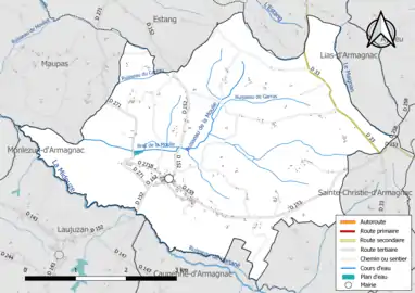 Carte en couleur présentant le réseau hydrographique de la commune