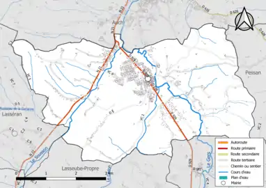 Carte en couleur présentant le réseau hydrographique de la commune