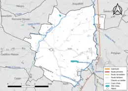 Carte en couleur présentant le réseau hydrographique de la commune