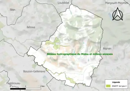 Carte de la ZNIEFF de type 2 sur la commune.