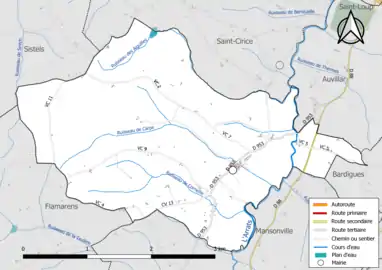 Carte en couleur présentant le réseau hydrographique de la commune