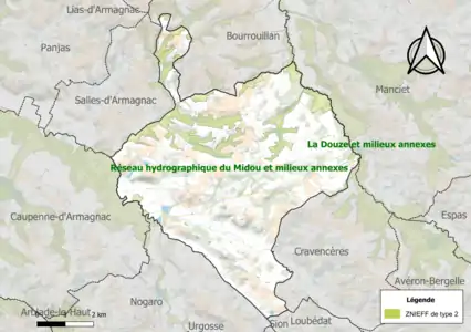 Carte des ZNIEFF de type 2 sur la commune.