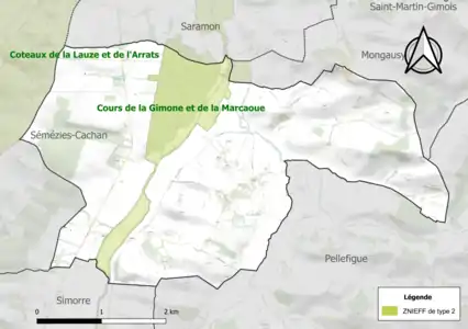 Carte de la ZNIEFF de type 2 sur la commune.