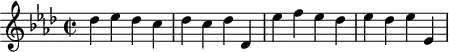 
\header {
  tagline = ##f
}
\score {
  \new Staff \with {
  }
<<
  \relative c'' {
    \key aes \major
    \time 2/2
    \tempo 2 = 86
    \override TupletBracket #'bracket-visibility = ##f 
    %\autoBeamOff
    \set Staff.midiInstrument = #"string ensemble 1"
     %%%%%%%%%%%%%%%%%%%%%%%%%% AB 3-4 th3
     des4 ees des c des c des des, ees' f ees des ees des ees ees,
  }
>>
  \layout {
    \context { \Score \remove "Metronome_mark_engraver"
    }
  }
  \midi {}
}
