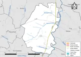 Carte en couleur présentant le réseau hydrographique de la commune