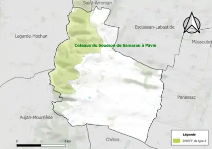 Carte de la ZNIEFF de type 2 sur la commune.