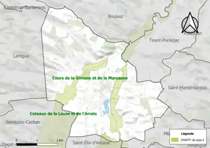 Carte des ZNIEFF de type 2 sur la commune.