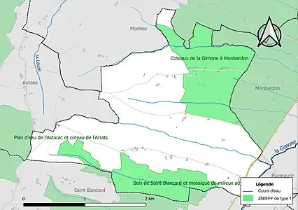 Carte des ZNIEFF de type 1 sur la commune.