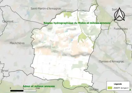 Carte des ZNIEFF de type 2 sur la commune.