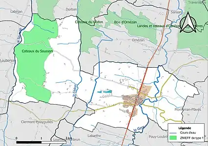 Carte des ZNIEFF de type 1 sur la commune.