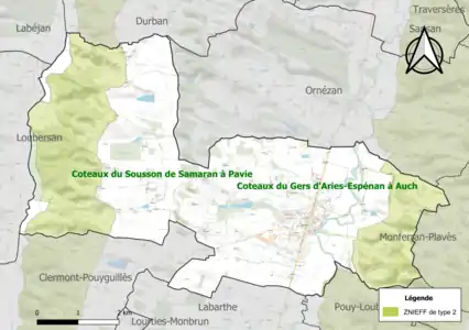 Carte des ZNIEFF de type 2 sur la commune.