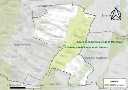 Carte de la ZNIEFF de type 2 sur la commune.