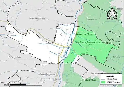 Carte des ZNIEFF de type 1 sur la commune.