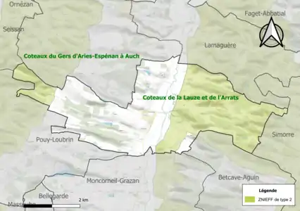 Carte des ZNIEFF de type 2 sur la commune.