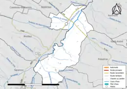 Carte en couleur présentant le réseau hydrographique de la commune