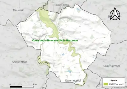 Carte de la ZNIEFF de type 2 sur la commune.