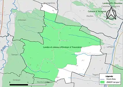 Carte de la ZNIEFF de type 1 sur la commune.