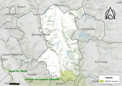 Carte de la ZNIEFF de type 2 sur la commune.