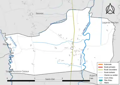 Carte en couleur présentant le réseau hydrographique de la commune