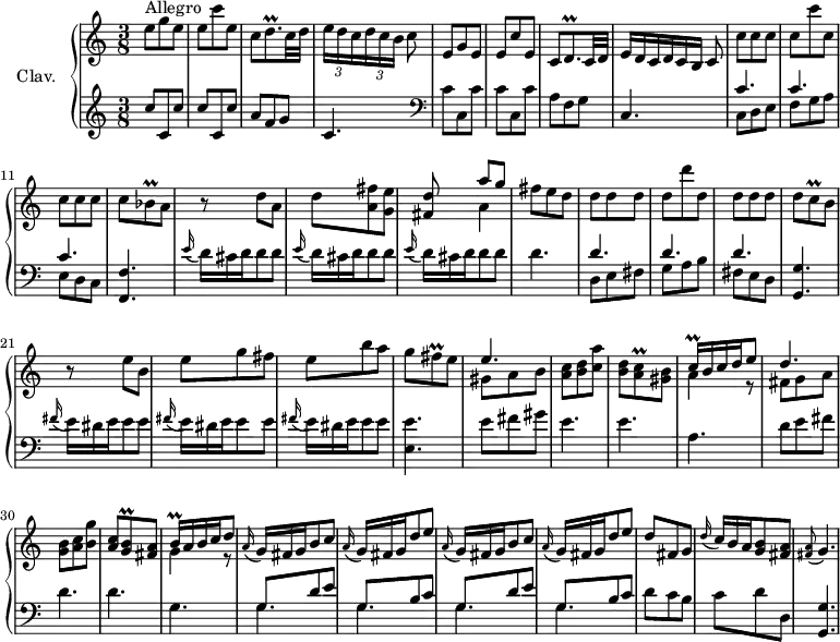 
\version "2.18.2"
\header {
  tagline = ##f
  % composer = "Domenico Scarlatti"
  % opus = "K. 231"
  % meter = "Allegro"
}
%% les petites notes
trillDqp     = { \tag #'print { d8.\prall } \tag #'midi { e32 d e d~ d16 } }
trillBesq    = { \tag #'print { bes8\prall } \tag #'midi { c32 bes c bes } }
trillCqq     = { \tag #'print { c16\prall } \tag #'midi { \times 2/3 { c32 d c } } }
trillBqq     = { \tag #'print { b16\prall } \tag #'midi { \times 2/3 { b32 c b } } }
trillFisq    = { \tag #'print { fis8\prall } \tag #'midi { g32 fis g fis } }
trillCq      = { \tag #'print { c8\prall } \tag #'midi { d32 c d c } }
trillACq     = { \tag #'print { < a c >8\prall } \tag #'midi { << { d32 c d c } \\ { a8 } >>  } }
trillGBq     = { \tag #'print { < g b >8\prall } \tag #'midi { << { c32 b c b } \\ { g8 } >>  } }
appoAG       = { \tag #'print { \appoggiatura < fis a >8 g4. } \tag #'midi {   \tempo 4. = 40 < fis a >8   \tempo 4. = 30 g4   \tempo 4. = 60 } }
upper = \relative c'' {
  \clef treble 
  \key c \major
  \time 3/8
  \tempo 4. = 60
  \set Staff.midiInstrument = #"harpsichord"
  \override TupletBracket.bracket-visibility = ##f
      s8*0^\markup{Allegro}
      e8 g e | e c' e, | c \trillDqp c32 d | \times 2/3 { e16[ d c } \times 2/3 { d c b] }  \omit TupletNumber  c8 
      % ms. 5
      e,8 g e | e c' e, | c \trillDqp c32 d | \times 2/3 { e16[ d c } \times 2/3 { d c b] }   \tempo 4. = 30 c8   \tempo 4. = 60
      % ms. 9
      c'8 c c | c c' c, | c c c | c \trillBesq \tempo 4. = 30 a8 | \tempo 4. = 60
      % ms. 13
      r8 d a | d < a fis' > < g e' > | < fis d' > << { a'8 g } \\ { a,4 } >> | fis'8 e d | d d d | d d' d, |
      % ms. 19
      d8 d d | d \trillCq b8 | r8 e8 b | e g fis | e b' a | g \trillFisq e8 |
      % ms. 25
      << { e4. } \\ { gis,8 a b } >> | < a c > < b d > < c a' > | < b d > \trillACq < gis b >8 | << { \trillCqq b16 c d e8 } \\ { a,4 r8 } >> 
      % ms. 29
      << { d4. } \\ { fis,8 g a } >> | < g b > < a c > < b g' > | < a c > \trillGBq < fis a >8 | << { \trillBqq a16 b c d8 } \\ { g,4 r8 } >>
      % ms. 33
      \repeat unfold 2 { \appoggiatura a16  \omit TupletNumber  \times 2/3 { g16 fis g } b8 c | \appoggiatura a16  \times 2/3 { g16 fis g } d'8 e } | d8 fis, g |
      % ms. 38
      \appoggiatura d'16  \times 2/3 { c16 b a } < g b >8 < fis a > | \appoAG |
}
lower = \relative c' {
  \clef bass
  \key c \major
  \time 3/8
  \set Staff.midiInstrument = #"harpsichord"
  \override TupletBracket.bracket-visibility = ##f
    % ************************************** \appoggiatura a16  \repeat unfold 2 {  } \times 2/3 { }   \omit TupletNumber 
      \clef treble \repeat unfold 2 { c'8 c, c' } | a f g | c,4.   \clef bass
      % ms. 5
      \repeat unfold 2 { c8 c, c' } | a f g | c,4. 
      % ms. 9
      << { c'4. c c  } \\ { c,8 d e | f g a | e d c } >> < f, f' >4.
      % ms. 13
      \repeat unfold 3 { \appoggiatura e''16  \omit TupletNumber  \times 2/3 { d16 cis d } d8 d } | d4. | << { d4. d d  } \\ { d,8 e fis | g a b | fis e d } >> |
      % ms. 21
      < g, g' >4. | \repeat unfold 3 { \appoggiatura fis''16  \omit TupletNumber  \times 2/3 { e16 dis e } e8 e } | < e, e' >4. |
      % ms. 25
      e'8 fis gis | e4. e a, | d8 e fis | d4. d |
      % ms. 32
      g,4. | \repeat unfold 2 { << { g8 d' e | g, b c } \\ { \mergeDifferentlyDottedOn g4. g } >> } | d'8 c b |
      % ms. 38
      c8 d d, | < g, g' >4. |
}
thePianoStaff = \new PianoStaff <<
    \set PianoStaff.instrumentName = #"Clav."
    \new Staff = "upper" \upper
    \new Staff = "lower" \lower
  >>
\score {
  \keepWithTag #'print \thePianoStaff
  \layout {
      #(layout-set-staff-size 17)
    \context {
      \Score
     \override SpacingSpanner.common-shortest-duration = #(ly:make-moment 1/2)
      \remove "Metronome_mark_engraver"
    }
  }
}
\score {
  \keepWithTag #'midi \thePianoStaff
  \midi { }
}
