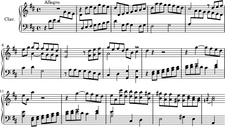 
\version "2.18.2"
\header {
  tagline = ##f
  % composer = "Domenico Scarlatti"
  % opus = "K. 236"
  % meter = "Allegro"
}
%% les petites notes
trillCis        = { \tag #'print { cis4\prall } \tag #'midi { d32 cis d cis~ cis8 } }
upper = \relative c'' {
  \clef treble 
  \key d \major
  \time 4/4
  \tempo 4 = 124
  \set Staff.midiInstrument = #"harpsichord"
  \override TupletBracket.bracket-visibility = ##f
      s8*0^\markup{Allegro}
      R1 | b4\rest d8 e d g fis e | d d, e fis g a b cis |
      % ms. 4
      d a' a g g fis e d | \stemUp cis2 r8 d8 e fis |  \stemNeutral e8 g << { g8 fis fis e e d } \\ { a4~ a8 g g fis } >> | < e cis' >2 r8 < fis d' >8 < g e' > < a fis' >
      % ms. 8
      << { g'8 e fis d } \\ { a2 } >> e'8 b \trillCis | d4 r4 r2 | r4 g4~ g8 fis e d | e a, a'4 | r2 |
      % ms. 12
      r4 g4~ g8 fis e d | e a, < e' cis' >8 < d b' > q < cis a' > q < b gis' > | q < a fis' > q < gis e' > q < b d > < a cis > < gis b > \appoggiatura < gis b >8 < a cis >2
      % ms. 16
      % ms. 20
}
lower = \relative c' {
  \clef bass
  \key d \major
  \time 4/4
  \set Staff.midiInstrument = #"harpsichord"
  \override TupletBracket.bracket-visibility = ##f
    % ************************************** \appoggiatura a16  \repeat unfold 2 {  } \times 2/3 { }   \omit TupletNumber 
      r4 d8 e d \stemDown \change Staff = "upper"  g fis e | d \stemNeutral \change Staff = "lower" d, e fis g a b cis | d4 g,8 a g4 fis8 g |
      % ms. 4
      fis2 g | a8 \stemDown \change Staff = "upper"  a' a g g fis e d  | \stemNeutral \change Staff = "lower" cis4 d g,2 | r8 a8 a g g fis e d |
      % ms. 8
      cis4 d < g, g' >4 < a g' > | r4 < d fis >8 < e g > < fis a > < g b > < a cis > < b d > | << { s4 g'2 fis4 } \\ { < cis e >8 < d fis > e d cis4 d } >> | < a e' >4  < d, fis >8 < e g > < fis a > < g b > < a cis > < b d > |
      % ms. 12
       << { s4 g'2 fis4 | e } \\ { < cis e >8 < d fis > e d cis4 d | a2 } >> cis,4 d | e2 gis4 e | a,4 s4
      % ms. 16
      % ms. 20
}
thePianoStaff = \new PianoStaff <<
    \set PianoStaff.instrumentName = #"Clav."
    \new Staff = "upper" \upper
    \new Staff = "lower" \lower
  >>
\score {
  \keepWithTag #'print \thePianoStaff
  \layout {
      #(layout-set-staff-size 17)
    \context {
      \Score
     \override SpacingSpanner.common-shortest-duration = #(ly:make-moment 1/2)
      \remove "Metronome_mark_engraver"
    }
  }
}
\score {
  \keepWithTag #'midi \thePianoStaff
  \midi { }
}
