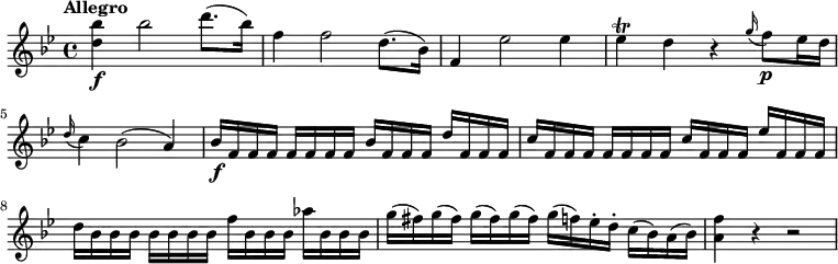 
\relative c'' {
  \version "2.18.2"
  \key bes \major
  \time 4/4
  \tempo "Allegro"
  \tempo 4 = 110  
  <d bes'>4 \f bes'2 d8. (bes16)
  f4 f2 d8. (bes16)
  f4 ees'2 ees4
  ees\trill d r \grace g16 (f8) \p ees16 d
  \grace d16 (c4) bes2 (a4)
  bes16  \f f f f f f f f bes f f f d' f, f f
  c' f, f f f f f f c' f, f f ees' f, f f
  d' bes bes bes bes bes bes bes f' bes, bes bes aes' bes, bes bes
  g' (fis) g (fis) g (fis) g (fis) g (f) ees-. d-. c (bes) a (bes) 
  <a f'>4 r r2
  } 
