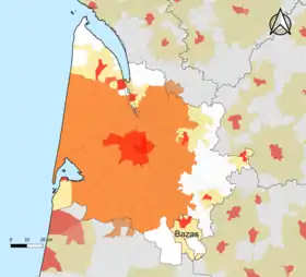 Localisation de l'aire d'attraction de Bazas dans le département de la Gironde.