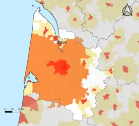 Localisation de l'aire d'attraction de Blaye dans le département de la Gironde.
