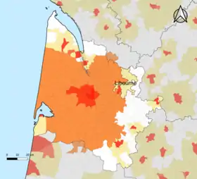 Localisation de l'aire d'attraction de Libourne dans le département de la Gironde.