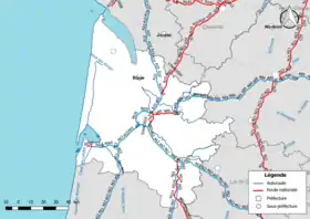 Carte du réseau routier national (autoroutes et routes nationales) dans le département de la Gironde