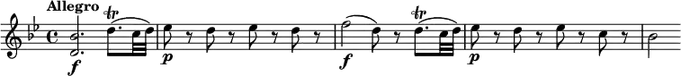 
\relative c'' {
  \override Score.NonMusicalPaperColumn #'line-break-permission = ##f
  \version "2.18.2"
  \key bes \major
  \tempo "Allegro"
  \tempo 4 = 140
  <bes d,>2.\f d8.\trill( c32 d) |
  es8\p r d r es r d r |
  f2\f (d8) r d8.\trill( c32 d) |
  es8\p r d r es r c r |
  bes2
}
