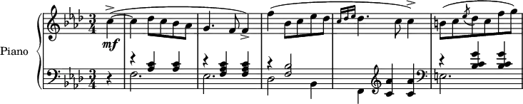 
\version "2.14.2"
\header {
  tagline = ##f
}
upper = \relative c'' {
  \clef treble 
  \key aes \major
  \time 3/4
  \tempo 4 = 114
  \tempo "Vivace"
  %\autoBeamOff
   \partial 4
   c4~->(\mf c des8 c bes aes g4. f8 f4->) f'( bes,8 c ees des \grace { c16[ des ees] } des4. c8 c4->)
   b!8( c \acciaccatura ees8 des c f g)
}
lower = \relative c' {
  \clef bass
  \key aes \major
  \time 3/4
   \partial 4 r4 
   << { r4 \repeat unfold 2 { < c aes >4} r4 \repeat unfold 2 { < c aes f >4} r4 < bes f >2 } \\ { f2. ees des2 bes4 f } >>
   \clef treble \repeat unfold 2 { < aes'' c, >4}
     \clef bass
   << { r4 \repeat unfold 2 { < g c, bes >4}  } \\ { e,!2. } >>
} 
\score {
  \new PianoStaff <<
    \set PianoStaff.instrumentName = #"Piano"
    \new Staff = "upper" \upper
    \new Staff = "lower" \lower
  >>
  \layout {
    \context {
      \Score
      \remove "Metronome_mark_engraver"
    }
  }
  \midi { }
}
