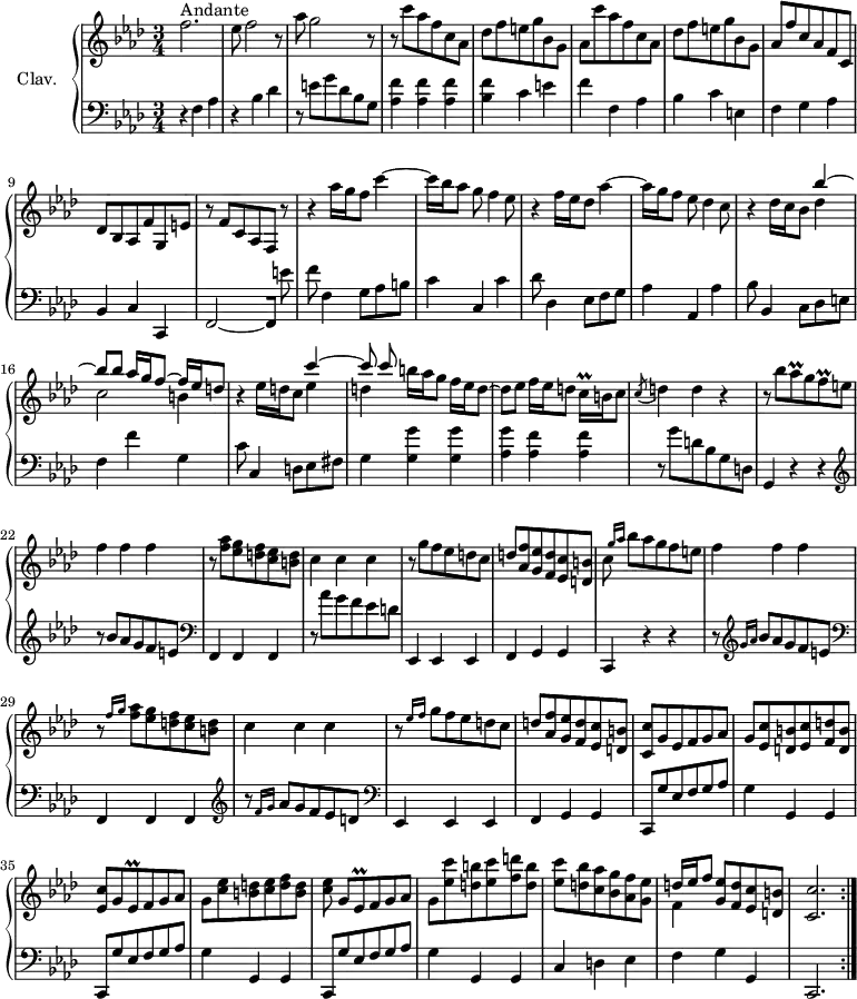 
\version "2.18.2"
\header {
  tagline = ##f
  % composer = "Domenico Scarlatti"
  % opus = "K. 462"
  % meter = "Andante"
}
%% les petites notes
trillCqq     = { \tag #'print { c16\prall } \tag #'midi { \times 2/3 { c32 d c } } }
trillAesq    = { \tag #'print { aes8\prall } \tag #'midi { \times 2/3 { bes32 aes bes } aes16 } }
trillFq      = { \tag #'print { f8\prall } \tag #'midi { \times 2/3 { g32 f g } f16 } }
trillEesq    = { \tag #'print { ees8\prall } \tag #'midi { \times 2/3 { f32 ees f } ees16 } }
upper = \relative c'' {
  \clef treble 
  \key f \minor
  \time 3/4
  \tempo 4 = 72
  \set Staff.midiInstrument = #"harpsichord"
  \override TupletBracket.bracket-visibility = ##f
  \repeat volta 2 {
      s8*0^\markup{Andante}
      f2. | ees8 f2 r8 | aes8 g2 r8 | r8 \repeat unfold 2 { c8 aes f c aes | 
      % ms. 5
      des8 f e g bes, g | aes } f' c aes f c | des bes aes f' g, e' |
      % ms. 10
      r8 f8 c aes f r8 | r4 aes''16 g f8 c'4~ | c16 bes aes8 g f4 ees8 | r4 f16 ees des8 aes'4~ | aes16 g f8 ees des4 c8 |
      % ms. 15
      r4 des16 c bes8 << { bes'4~ | bes8 bes aes16 g f8~ f16 ees d8 } \\ { des4 | c2 b4 } >> | r4 ees16 d c8 << { c'4~ | c8 c  } \\ { ees,4 | d4 } >> b'16 aes g8 f16 ees d8~
      % ms. 19
      d8 ees f16 ees d8 \trillCqq b16 c8 | \acciaccatura c8 d4 d r4 | r8 bes'8  \trillAesq g \trillFq e8 | f4 f f |
      % ms. 23
      r8 < f aes >8 < ees g >8 < d f >8 < c ees >8 < b d >8  | c4 c c | r8 g'8 f ees d c | d < aes f' > < g ees' > < f d' > < ees c' > < d b' > | c'8 \grace {   \tempo 4 = 40 g'16 aes }   \tempo 4 = 72 bes8 aes g f e | 
      % ms. 28
      f4 f f | r8 \grace {   \tempo 4 = 40 f16 g }   \tempo 4 = 72 < f aes >8 < ees g > < d f > < c ees > < b d > | c4 c c | r8 \grace {   \tempo 4 = 40 ees16 f }   \tempo 4 = 72 g8 f ees d c |
      % ms. 32
      d8 < aes f' > < g ees' > < f d' > < ees c' > < d b' > | < c c' > g' ees f g aes | g < ees c' > < d b' > < ees c' > < f d' > < d b' > | < ees c' > g \trillEesq f g aes | g < c ees > < b d > < c ees > < d f > < b d > |
      % ms. 37
      < c ees >8 g[ \trillEesq f8 g aes] | g < ees' c' > < d b' > < ees c' > < f d' > < d b' > | < ees c' > < d bes' > < c aes' > < bes g' > < aes f' > < g ees' > | << { d'16 ees f8 } \\ { f,4 } >> < g ees' >8 < f d' > < ees c' > < d b' > | < c c' >2. }%repet
}
lower = \relative c' {
  \clef bass
  \key f \minor
  \time 3/4
  \set Staff.midiInstrument = #"harpsichord"
  \override TupletBracket.bracket-visibility = ##f
  \repeat volta 2 {
    % ************************************** \appoggiatura a16  \repeat unfold 2 {  } \times 2/3 { }   \omit TupletNumber 
      r4 f,4 aes | r4 bes4 des | r8 e8 g des bes g | < aes f' >4 q q |
      % ms. 5
      < bes f' >4 c e! | f f, aes | bes c e, | f g aes | bes, c c, |
      % ms. 10
      f2~[ f8] e'' | f f,4 g8 aes b | c4 c, c' | des8 des,4 ees8 f g | aes4 aes, aes' |
      % ms. 15
      bes8 bes,4 c8 des e | f4 f' g, | c8 c,4 d8 ees fis | g4 < g g' > q |
      % ms. 19
      < aes g' >4 < aes f' > q | r8 g'8 d bes g d | g,4 r4 r4 |   \clef treble r8 bes''8 aes g f e   \clef bass |
      % ms. 23
      f,,4 f f | r8 aes''8 g f ees d | ees,,4 ees ees | f g g | c, r4 r4 | r8  \clef treble  \grace { g'''16 aes } bes8 aes g f e \clef bass |
      % ms. 28
      f,,4 f f   \clef treble  | r8 \grace { f''16 g } aes8 g f ees d   \clef bass | ees,,4 ees ees |
      % ms. 32
      f4 g g | \repeat unfold 3 { c,8 g'' ees f g aes | g4 g, g } |
      % ms. 39
      c4 d ees | f g g, | c,2. }%repet
}
thePianoStaff = \new PianoStaff <<
    \set PianoStaff.instrumentName = #"Clav."
    \new Staff = "upper" \upper
    \new Staff = "lower" \lower
  >>
\score {
  \keepWithTag #'print \thePianoStaff
  \layout {
      #(layout-set-staff-size 17)
    \context {
      \Score
     \override SpacingSpanner.common-shortest-duration = #(ly:make-moment 1/2)
      \remove "Metronome_mark_engraver"
    }
  }
}
\score {
  \unfoldRepeats
  \keepWithTag #'midi \thePianoStaff
  \midi { }
}
