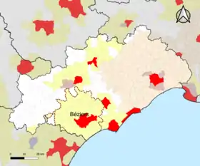 Localisation de l'aire d'attraction de Béziers dans le département de l'Hérault.